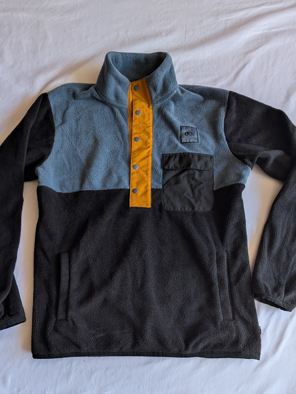 Picture Organic Men's Colorblock Fleece Jacket Black Blue Yellow Snap Closure S